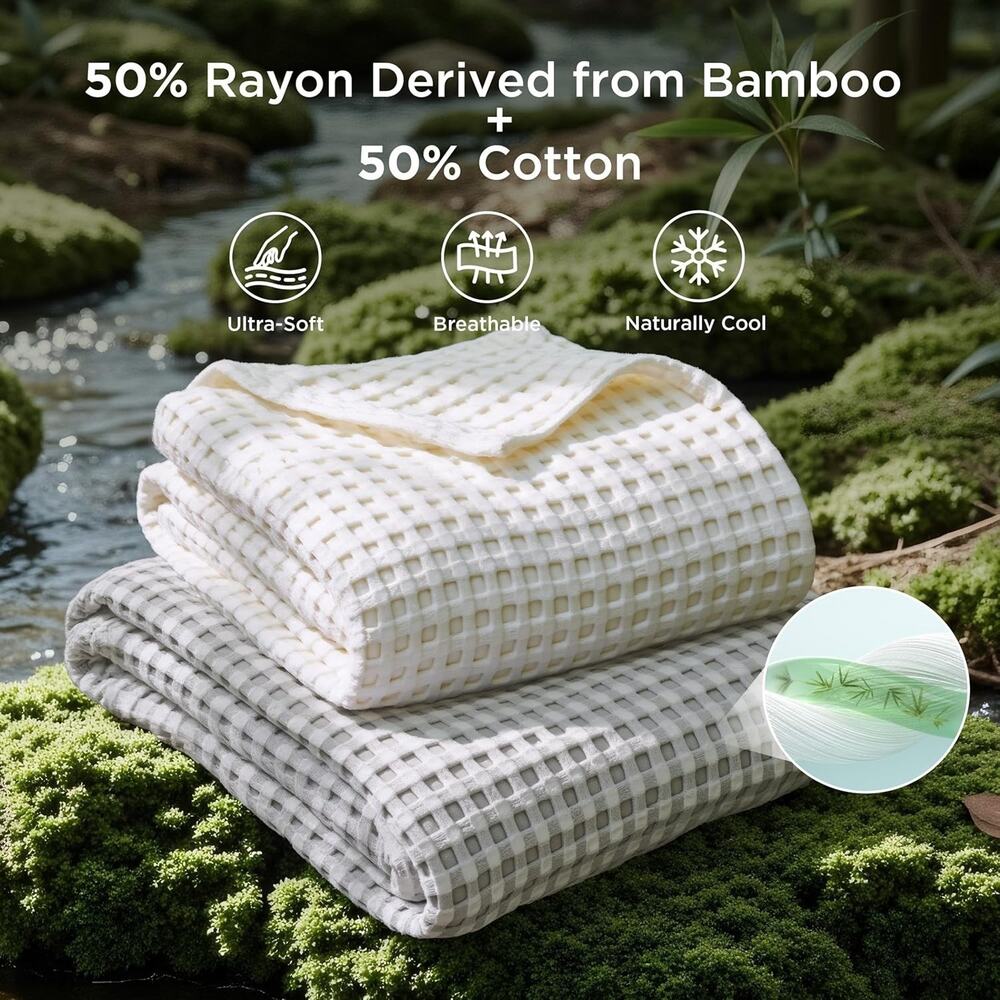 Bedsure Cooling Waffle Blanket for Hot Sleepers, Grey, Queen, 90"x90" 50% cotton - Picture 3 of 6